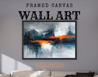 Orange Gray Abstract Framed Canvas Print | Modern Art | Dark Atmosphere | Large Brush Strokes | Wall Decor | Wall art | Minimalistic