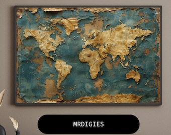 May include: A framed world map with a distressed, textured appearance. The map features teal blue oceans and tan continents, with the text "MRDIGIES" in a black banner. The artwork hangs above a dark wooden cabinet.