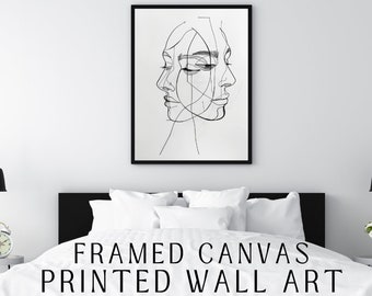 Abstract Two Faces Profile Line Drawing | Black Grey Ink | Framed Canvas Print | Wall Art | Minimalistic Art | Canvas Wall Art