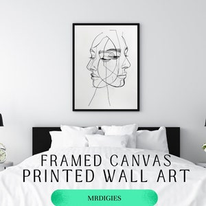 Abstract Two Faces Profile Line Drawing | Black Grey Ink | Framed Canvas Print | Wall Art | Minimalistic Art | Canvas Wall Art