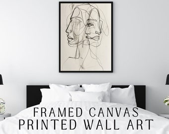 Abstract Two Faces Profile Line Drawing | Black Grey Ink | Framed Canvas Print | Wall Art | Minimalistic Art | Canvas Wall Art
