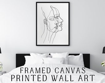 Abstract Two Faces Profile Line Drawing | Black Grey Ink | Framed Canvas Print | Wall Art | Minimalistic Art | Canvas Wall Art
