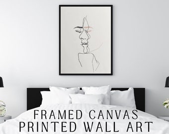 Abstract Two Faces Profile Line Drawing | Black Grey Ink | Framed Canvas Print | Wall Art | Minimalistic Art | Canvas Wall Art