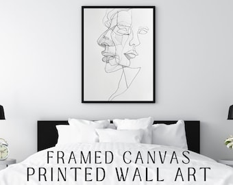 Abstract Two Faces Profile Line Drawing | Black Grey Ink | Framed Canvas Print | Wall Art | Minimalistic Art | Canvas Wall Art