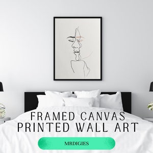 Abstract Two Faces Profile Line Drawing | Black Grey Ink | Framed Canvas Print | Wall Art | Minimalistic Art | Canvas Wall Art