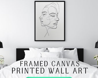 Abstract Two Faces Profile Line Drawing | Black Grey Ink | Framed Canvas Print | Wall Art | Minimalistic Art | Canvas Wall Art