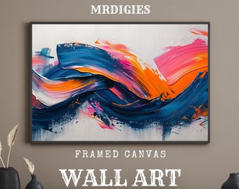 Vibrant Waves Abstract Framed Canvas Print | Blue Orange Brush Strokes | Pink White Background | High Detail | Wall Decor | Wall Art