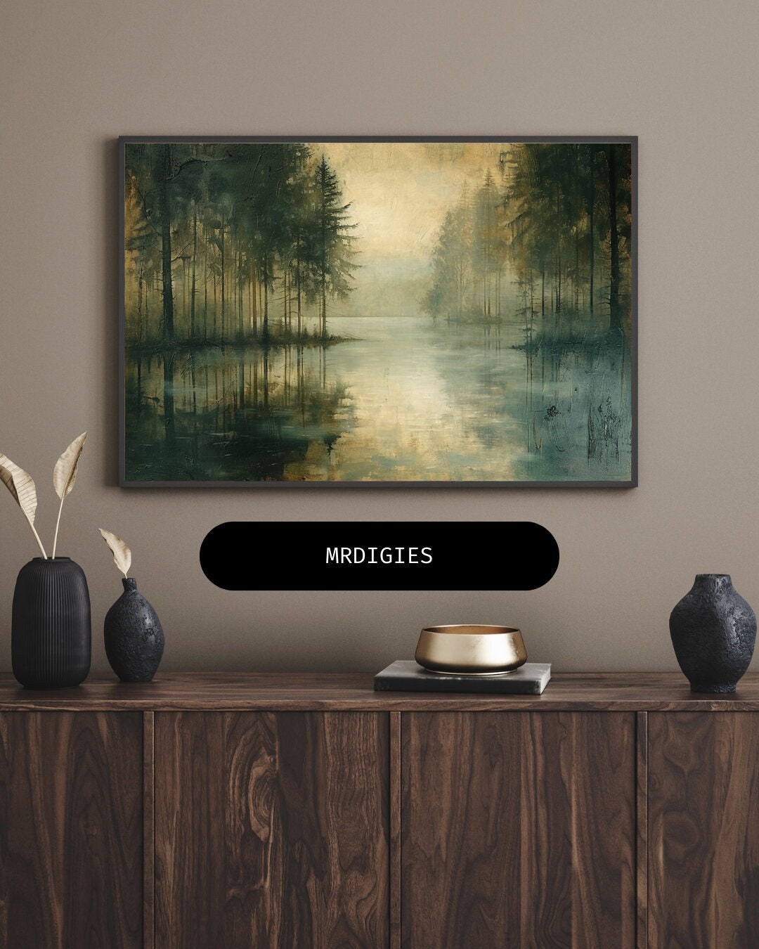 Misty Forest Lake Oil Painting | Framed Canvas Print | Foggy Woodland ...