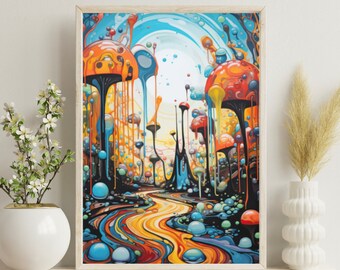 Enchanting Melting Mushrooms: A Mystical and Colorful Fantasy Painting - Printed Poster - 24" X 36"