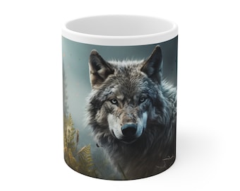May include: A white ceramic mug with a wolf's face printed on it. The wolf is looking directly at the viewer with a serious expression. The background is a blurry image of a forest.