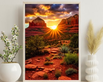 May include: A scenic photograph of a red rock landscape with a bright orange sunset in the background. The sun is shining through the clouds and casting rays of light onto the rocks. There is a path leading through the rocks, and some green bushes and trees are growing on the sides of the path.