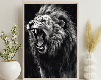 Black and White Lion Art Print - Majestic Wildlife Poster - Lion Are - Perfect for Framing - Moody King of the Jungle - 24" X 36" Drawing