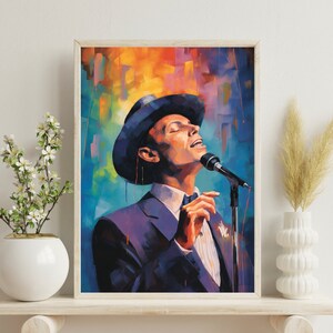 May include: A painting of a man in a suit and hat singing into a microphone. The background is a colorful abstract design.