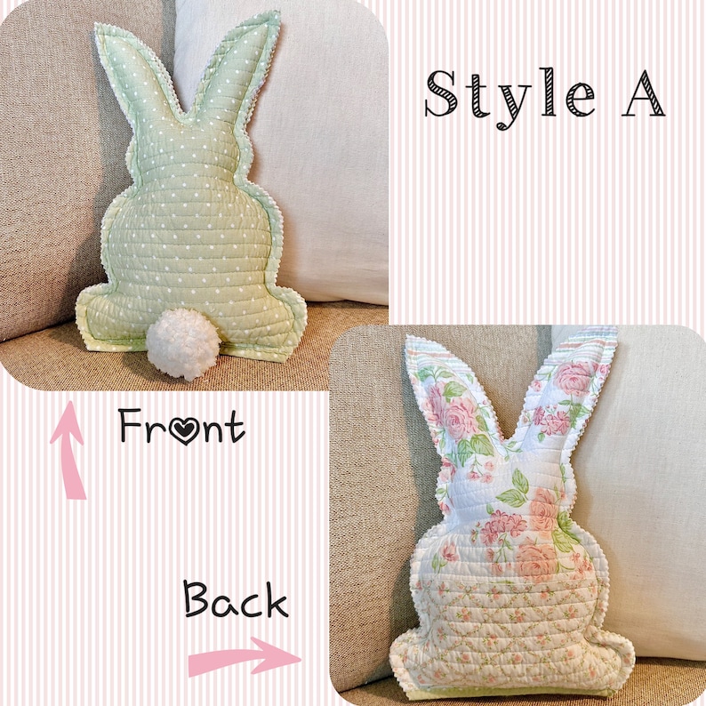 May include: Two bunny-shaped pillows. One is light green with white polka dots and a white pom-pom tail. The other is white with a pink floral pattern. The text "Style A" is visible.