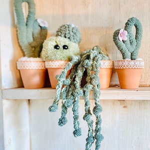 May include: Three crocheted cactus plants in terracotta pots with lace trim. The cacti are green and have pink flowers. One cactus is hanging over the edge of the shelf.