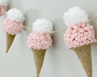 Ice Cream Garland, Ice Cream Cone Garland, Pompom Ice Cream Garland, Ice Cream Party, Summer Garland, Strawberry Ice Cream, Nursery Decor