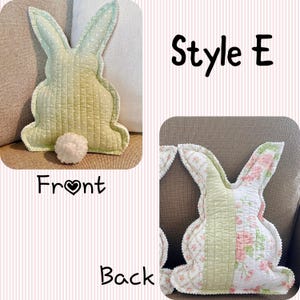 May include: A quilted bunny-shaped pillow in light green with white polka dots, and a white pom-pom tail. The back of the pillow features a floral pattern with pink roses and green accents. The text "Style E" is visible.