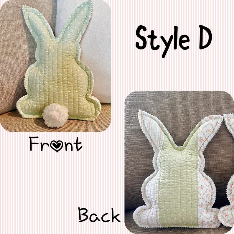 May include: A light green bunny-shaped pillow with a quilted design and a white pom-pom tail. The pillow has a white dotted pattern on the front and a floral pattern on the back. The text "Style D" is visible.