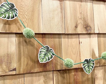 Monstera Garland, Tropical Plant Banner, Jungle Party, Summer Garland, Plant Garland, Green Pom Garland, Nursery Garland, Monstera