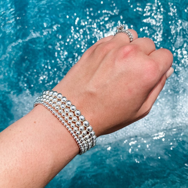 Sterling Silver Beaded Bracelet, Silver Bead Stretch Bracelet, Layering Bracelets, Stackable Bracelets, 3mm, 4mm, 5mm, 6mm, Gift for Women
