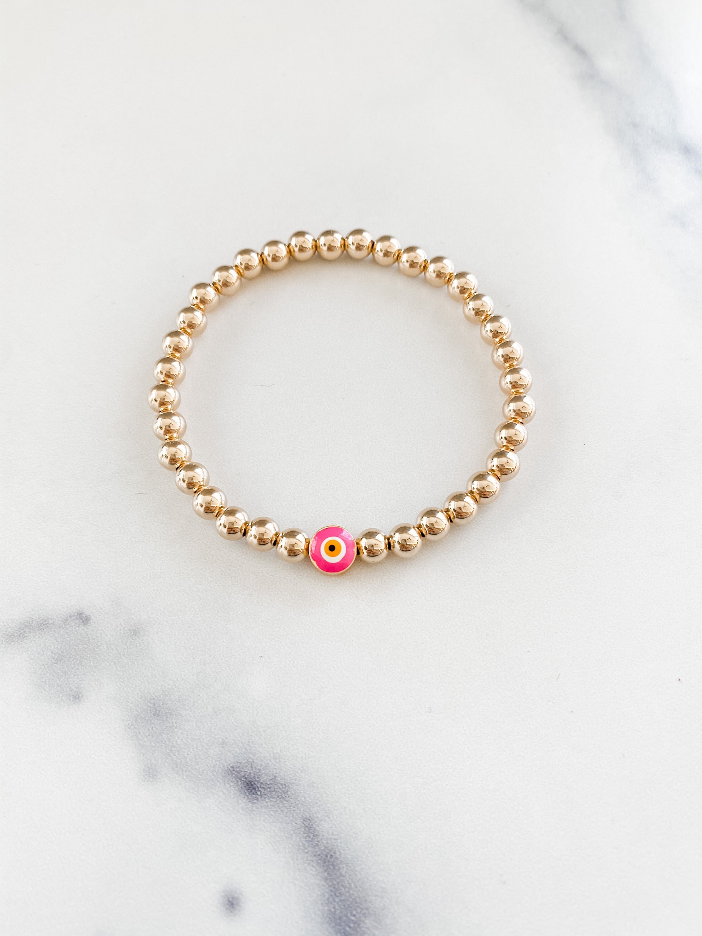 Bead Bracelet with Majestic Evil Eye - Yellow Gold and Pink