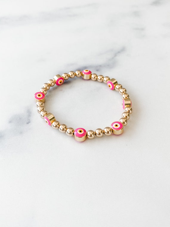 Bead Bracelet with Majestic Evil Eye - Yellow Gold and Pink