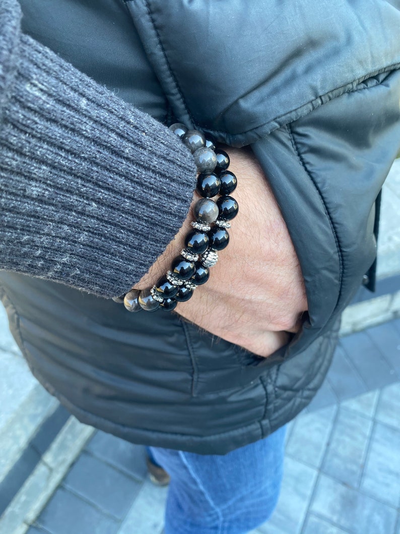 Mens Eagle Eye Bracelet Black Onyx Bracelet Beaded Mens Etsy