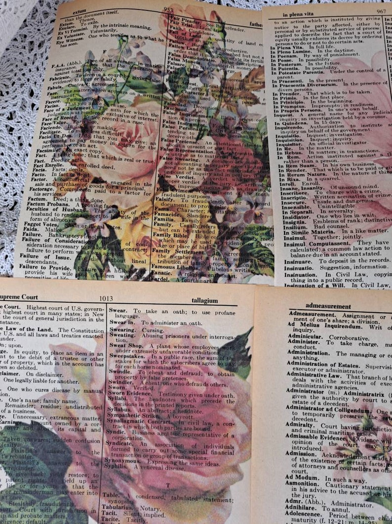 Four Floral Prints on old Vintage Dictionary Paper image 8