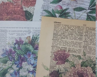 Pack of Four Floral Printed Images on Vintage Dictionary Paper