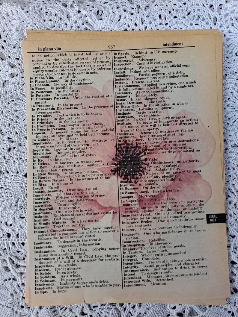 Four Floral Prints on old Vintage Dictionary Paper image 7