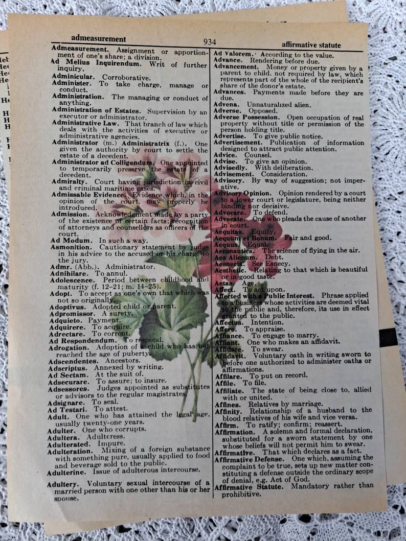 Four Floral Prints on old Vintage Dictionary Paper image 9