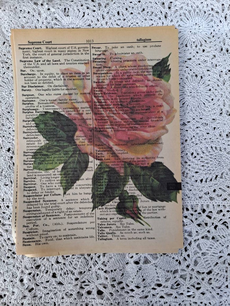 Four Floral Prints on old Vintage Dictionary Paper image 3