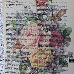 Four Floral Prints on old Vintage Dictionary Paper image 6