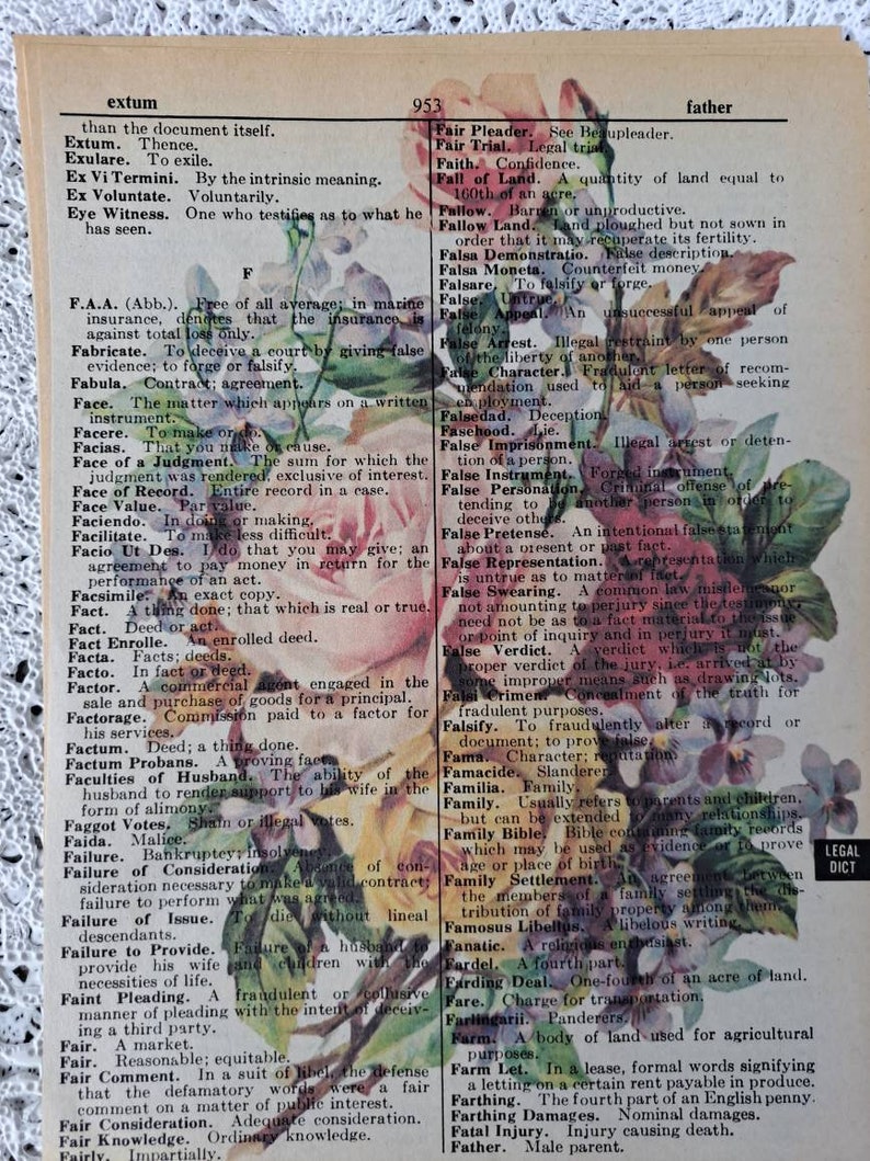 Four Floral Prints on old Vintage Dictionary Paper image 6