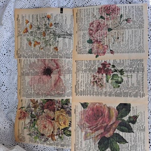 Four Floral Prints on old Vintage Dictionary Paper image 1