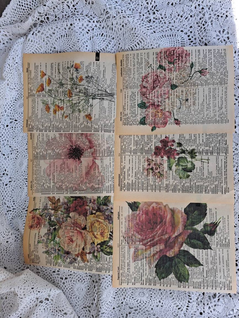 Four Floral Prints on old Vintage Dictionary Paper image 1