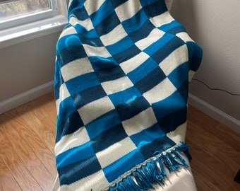 Checkered heavy weight hand knit throw, blanket, afghan