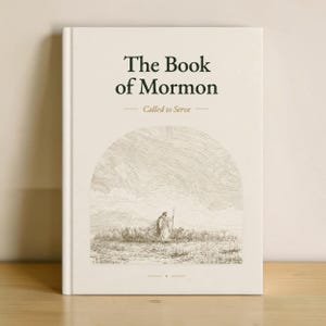 Può includere: Un libro con copertina rigida color crema che riporta il testo nero The Book of Mormon e Called to Serve. Sotto il testo si trova un'illustrazione a linee dettagliata di una figura con un bastone davanti a un gregge di pecore sotto un cielo.