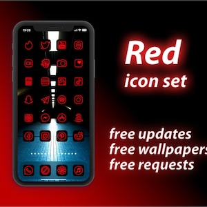 May include: A smartphone screen displaying a set of red outlined icons for popular apps. The text "Red icon set" is displayed in red on a black background. The text "free updates, free wallpapers, free requests" is also displayed in red on a black background.