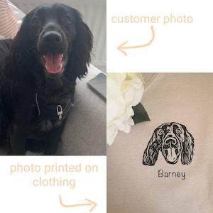 Pu&ograve; includere: Un'illustrazione in bianco e nero di un cane con il nome "Barney" stampato su una maglietta marrone chiaro.