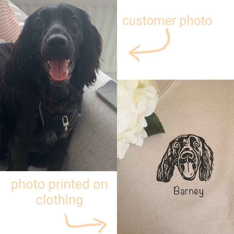 Pu&ograve; includere: Un'illustrazione in bianco e nero di un cane con il nome "Barney" stampato su una maglietta marrone chiaro.