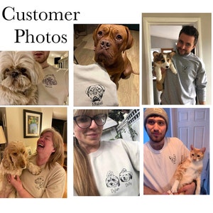 Pu&ograve; includere: Una collezione di foto di clienti che mostrano felpe e t-shirt personalizzate con ritratti di cani e gatti. Le maglie sono di colore grigio chiaro, bianco e grigio melange. I ritratti sono stampati in bianco e nero.