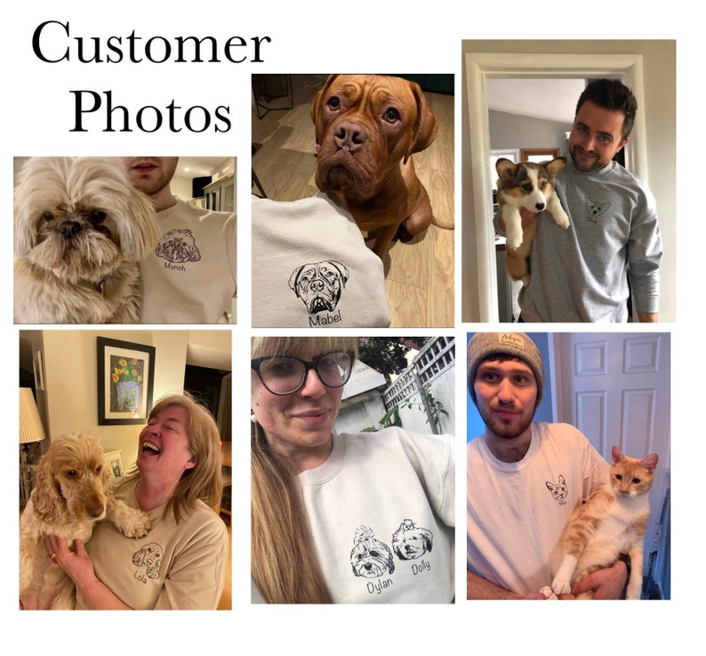 Pu&ograve; includere: Una collezione di foto di clienti che mostrano felpe e t-shirt personalizzate con ritratti di cani e gatti. Le maglie sono di colore grigio chiaro, bianco e grigio melange. I ritratti sono stampati in bianco e nero.