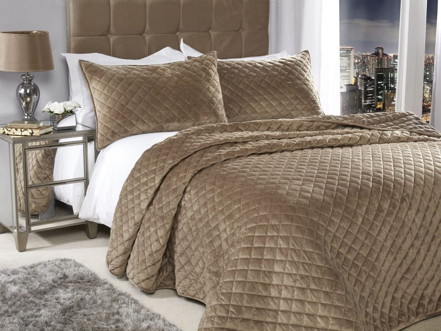 Quilted Soft Touch Velvet Bedspread Set in Taupe Etsy