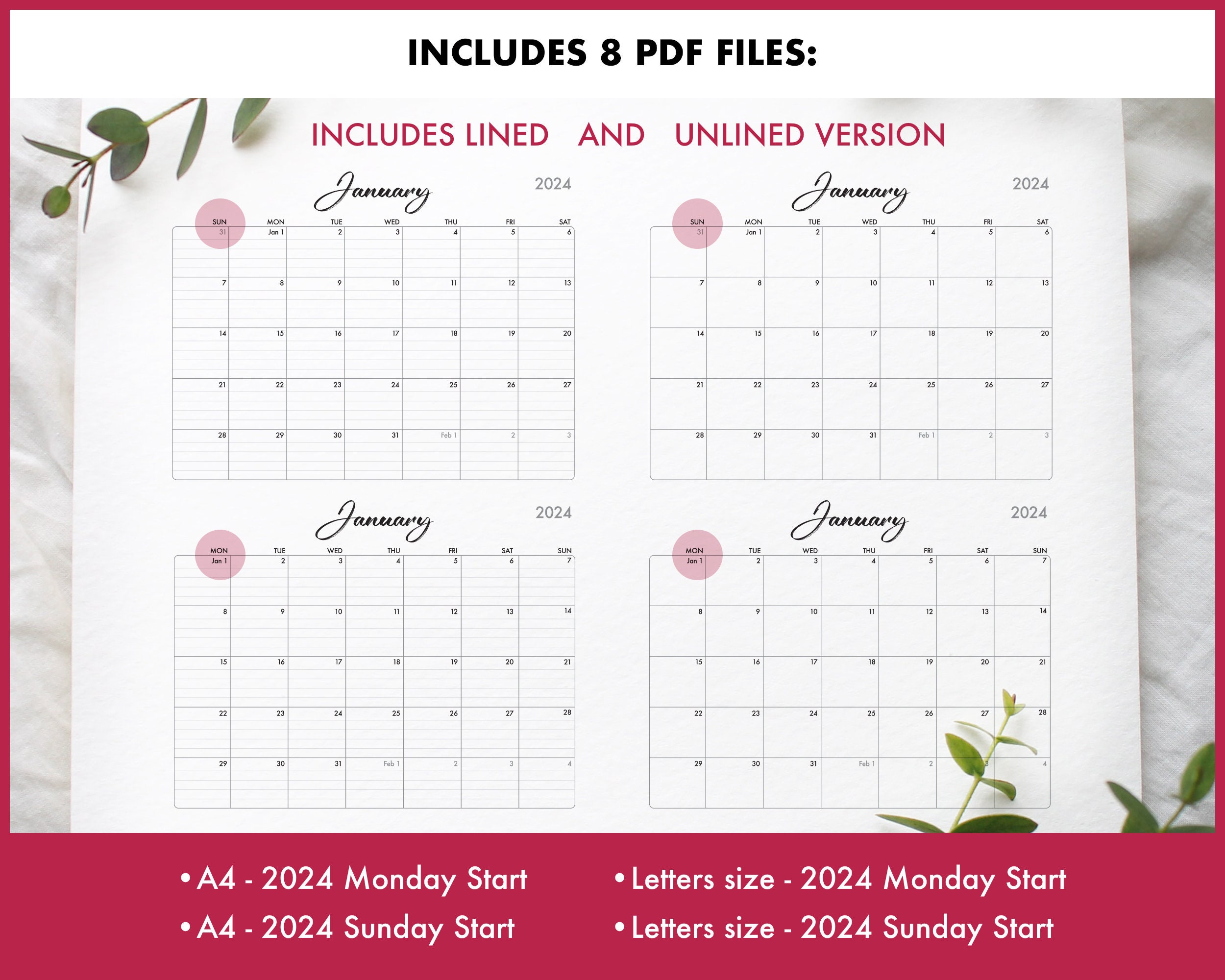 2024 Calendar Printable Monthly Planner Sunday Monday Start Desk 
