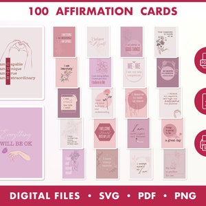 100 cartões de afirmação para impressão, cartão do dia da mulher, atenção plena, citações positivas SVG, flashcards de afirmações diárias para praticar mais amor próprio