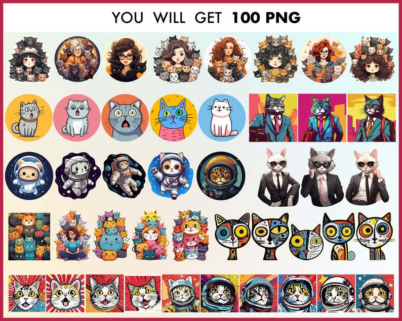 Cat Lovers Bundle, 100 Stickers PNG, Cat Lady Gift, Sticker Pack Varied ...