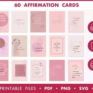 60 cartes de soins personnels, PDF d'affirmation imprimable, amour de soi, cartes Oracle, femme de carte d'affirmation