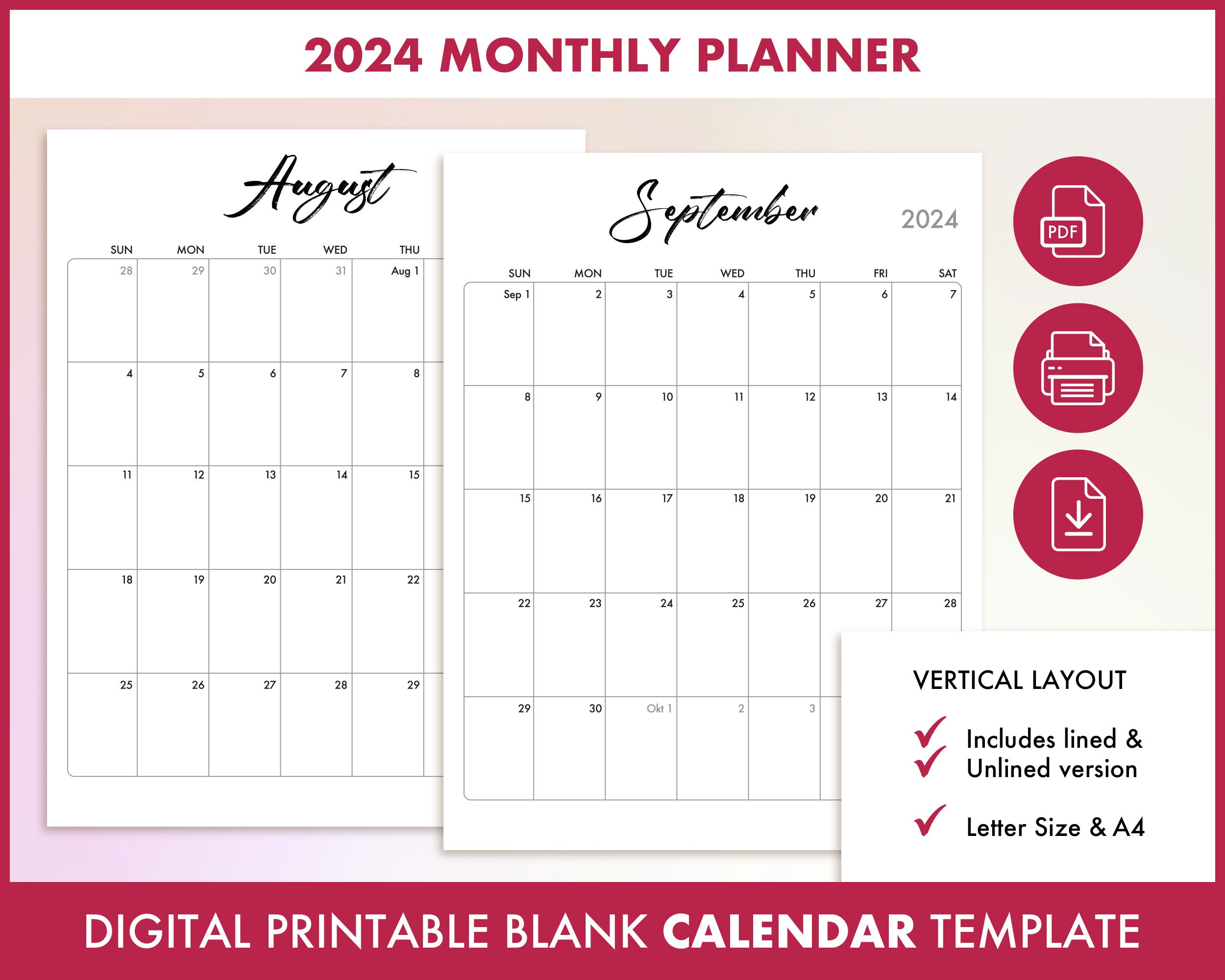 Calendrier 2024 à imprimer, planner 2024, calendrier mensuel, a4,  minimaliste - Un grand marché