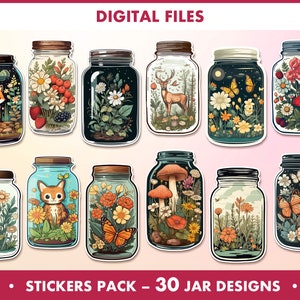 May include: A set of 30 digital sticker designs featuring whimsical illustrations of jars filled with various flora and fauna. The jars are depicted in a vintage style with a white background.
